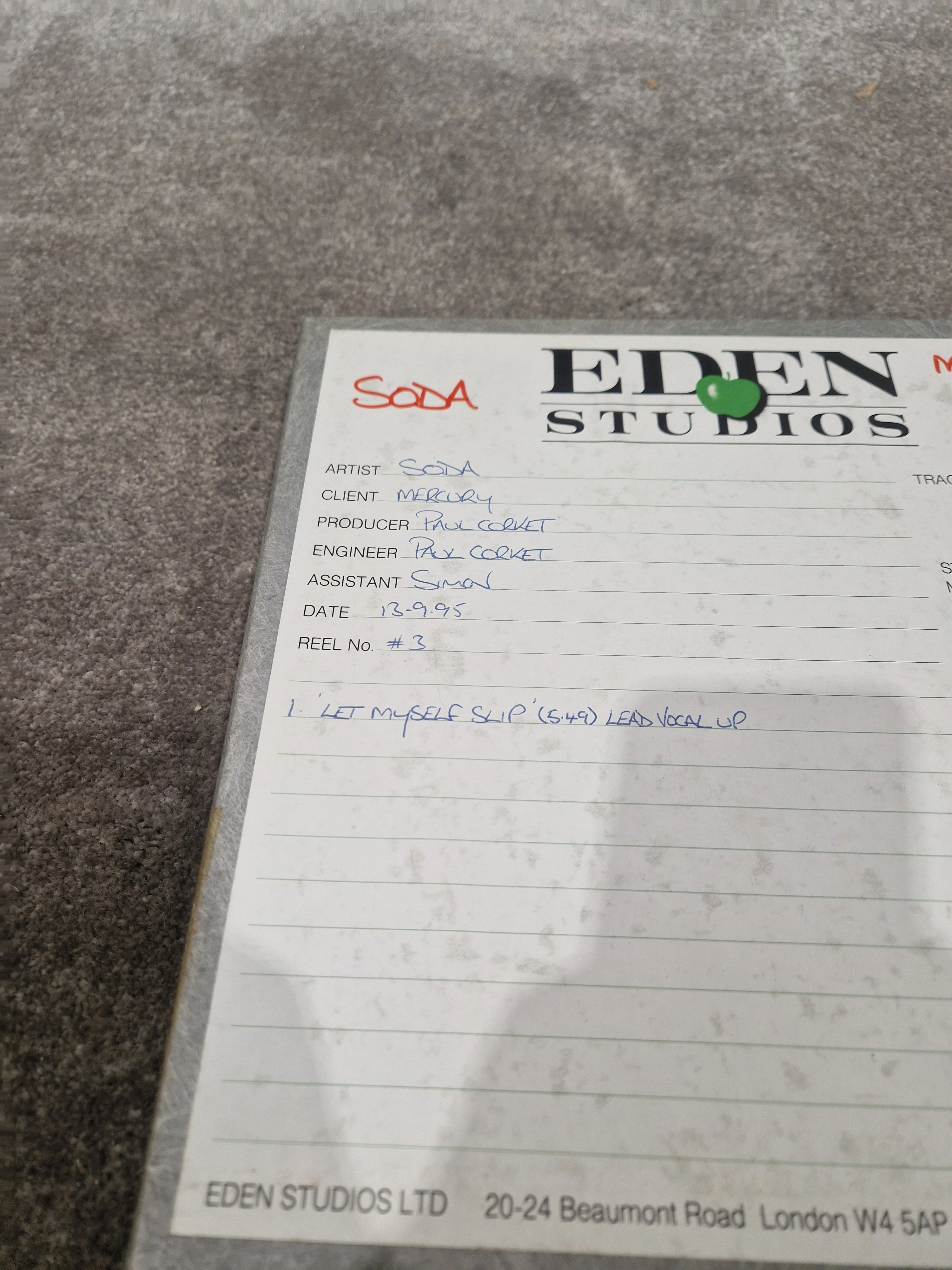 Soda – Britpop Band Collectible Eden Studio Master Reel #3 – Very Good w/ Box & Session Log - Image 3