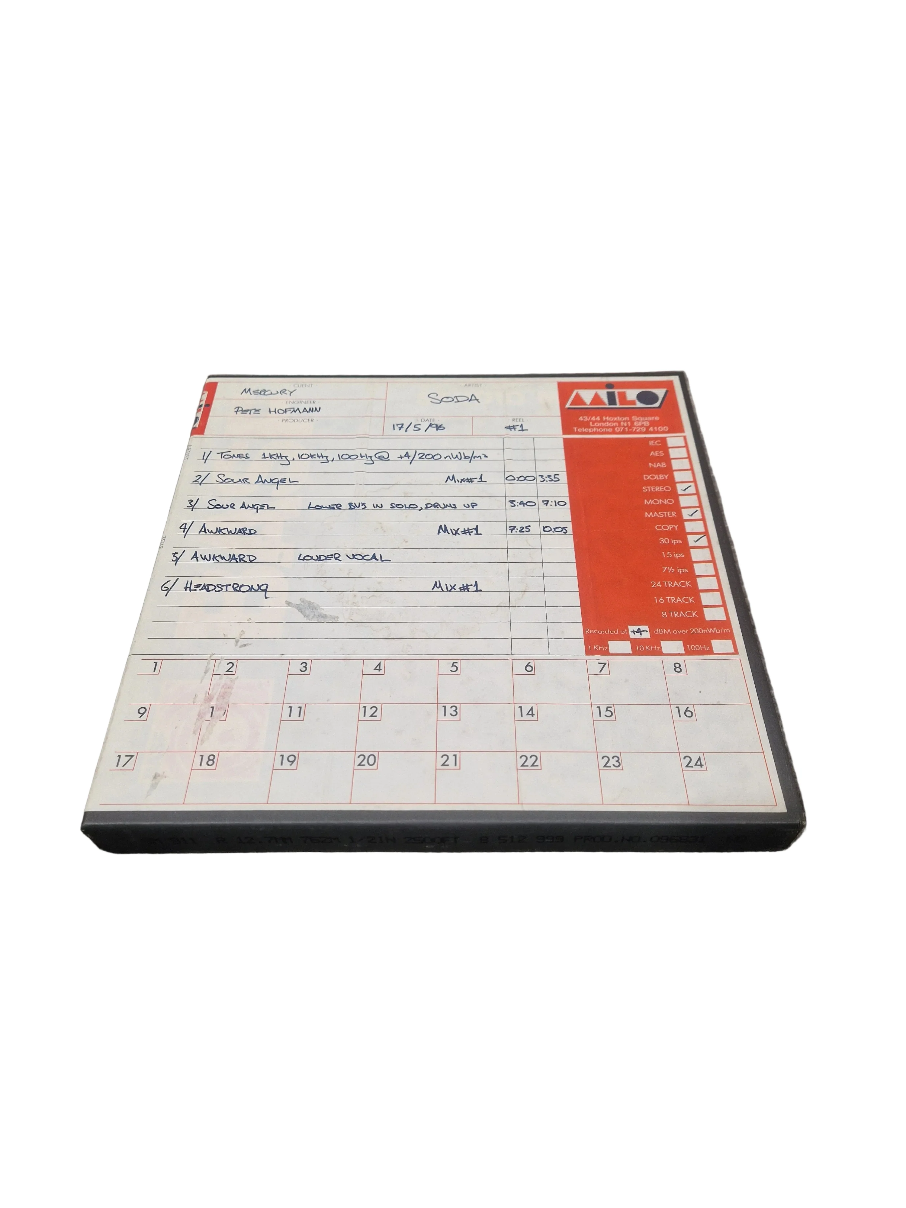 Soda – Britpop Band Collectible Milo Studio Mixes on Reel #1 – Very Good w/ Engineer Notes