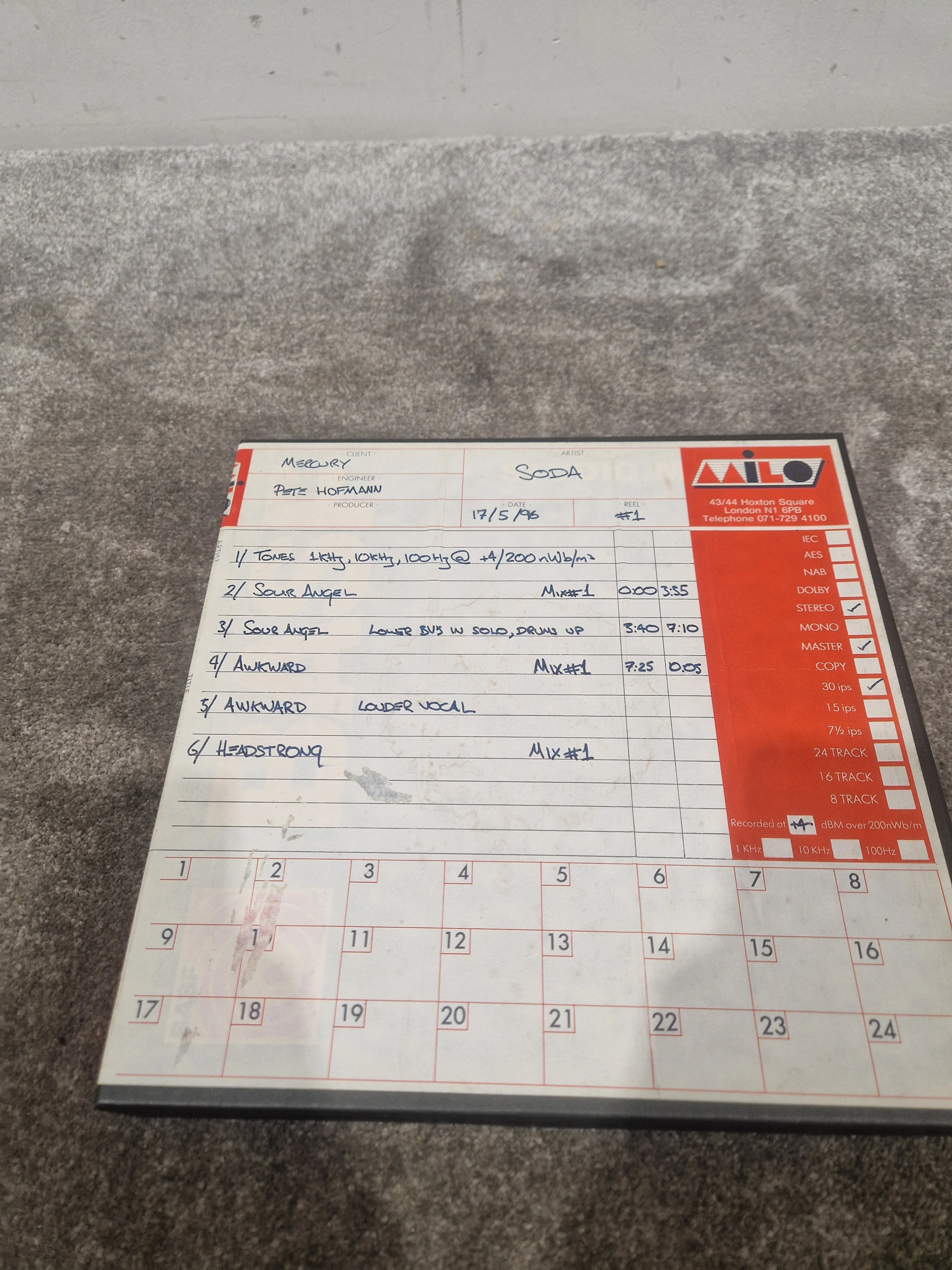 Soda – Britpop Band Collectible Milo Studio Mixes on Reel #1 – Very Good w/ Engineer Notes - Image 2