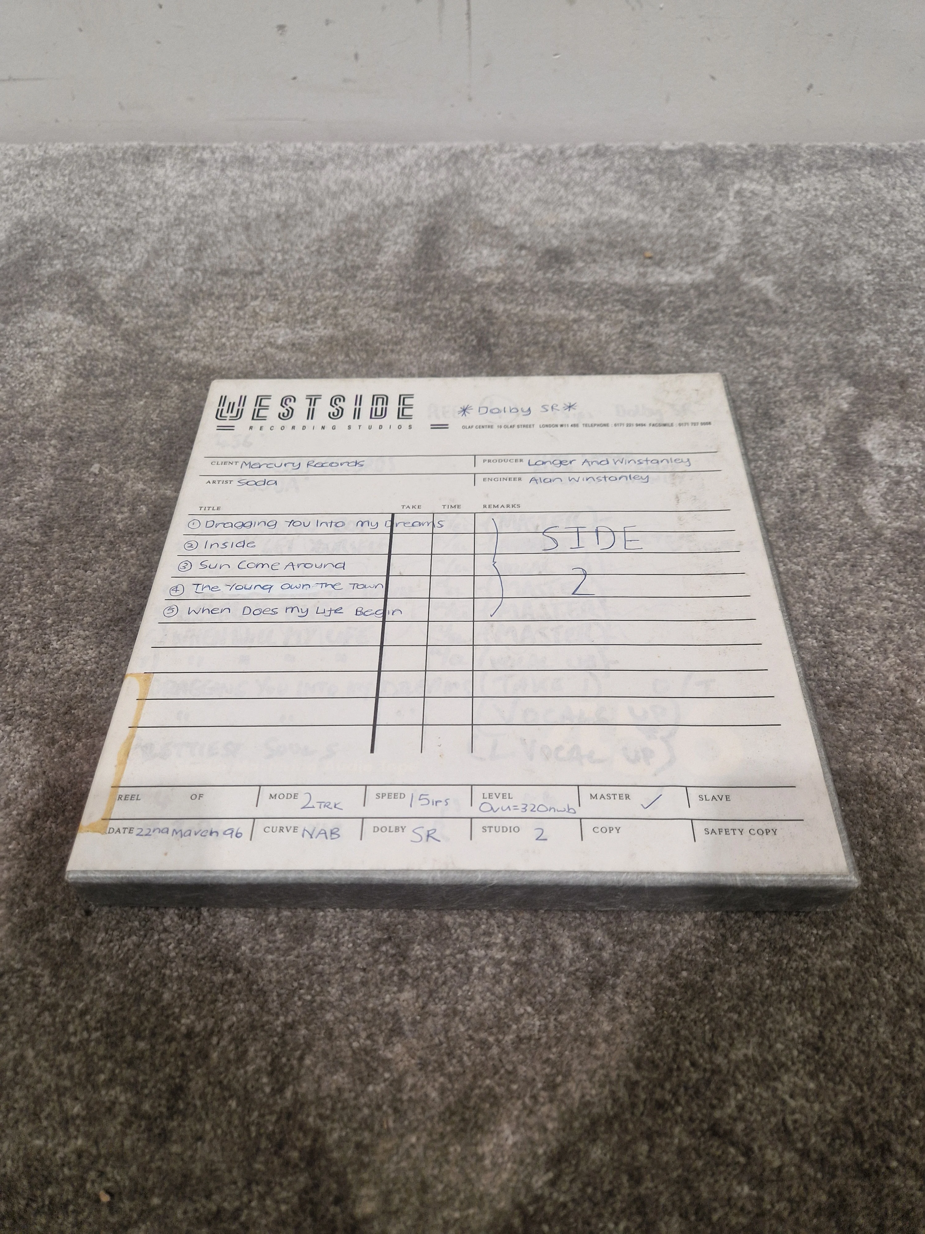 Soda – Britpop Band Collectible “Westside Studio Master Side 2” on Ampex 456 Reel – Very Good w/ Box & Studio Log - Image 2