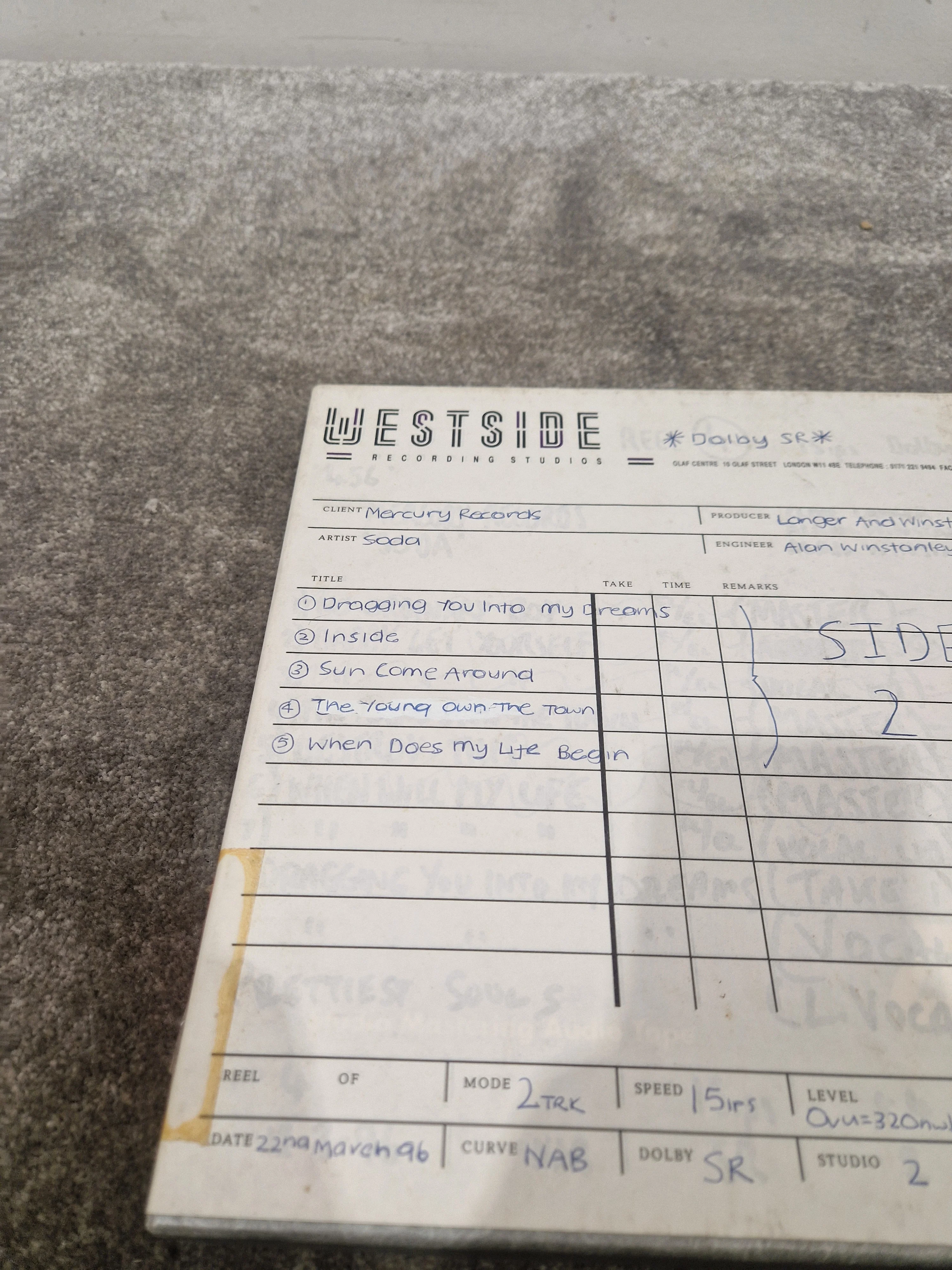 Soda – Britpop Band Collectible “Westside Studio Master Side 2” on Ampex 456 Reel – Very Good w/ Box & Studio Log - Image 3
