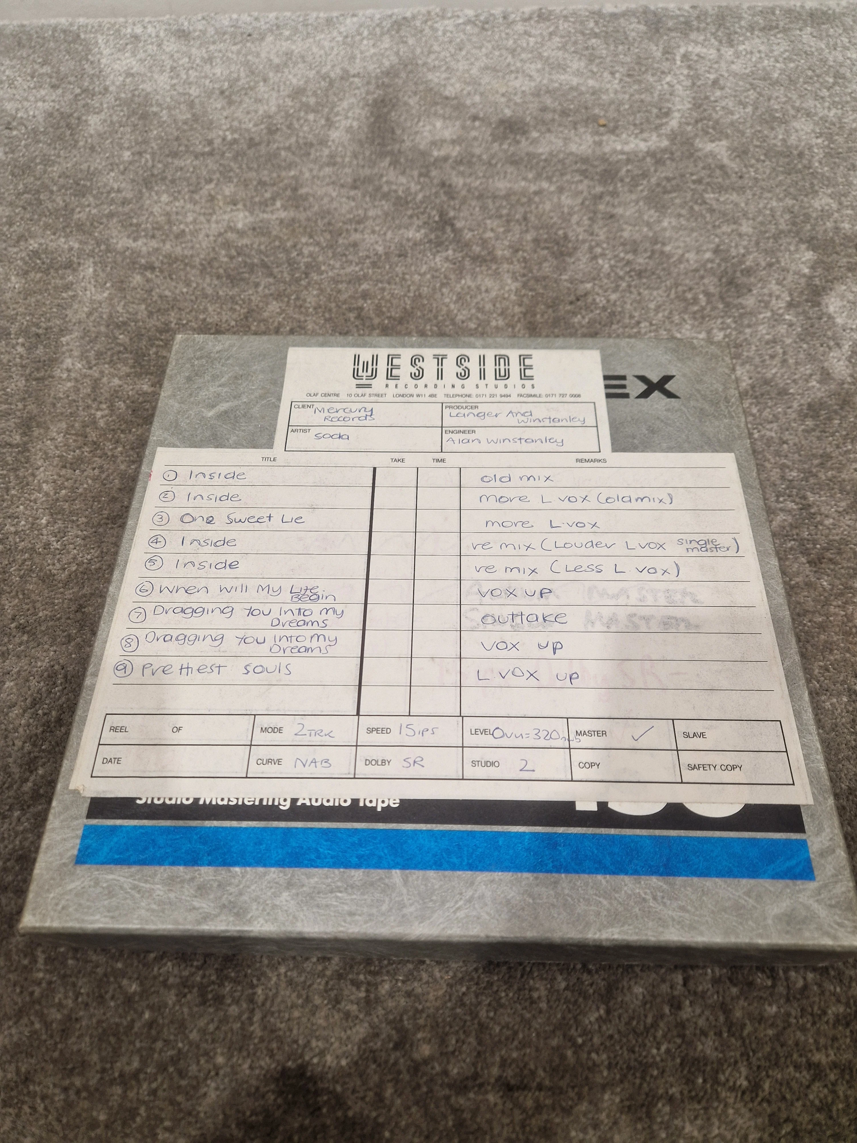 Soda – Britpop Band Collectible Westside Mastering Tape – Excellent w/ Vocal Mix Variants & Outtakes - Image 2