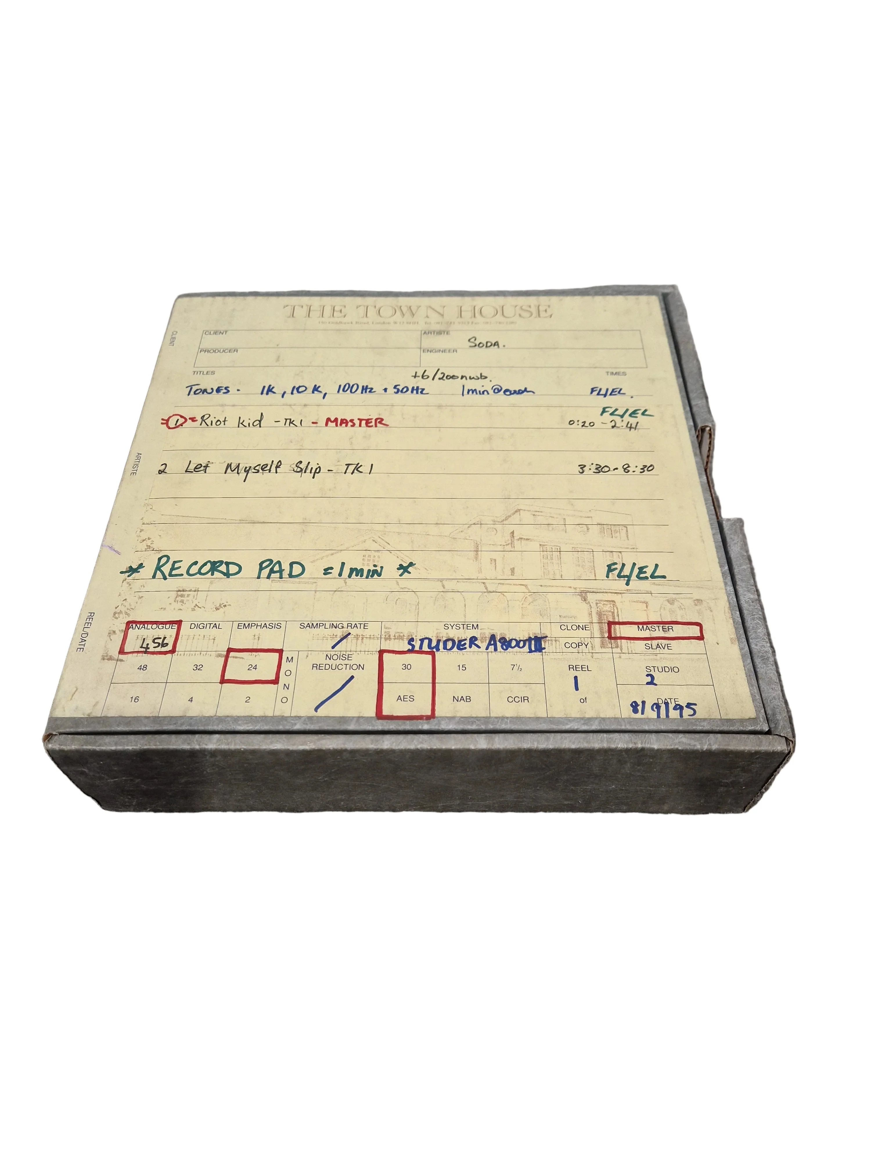 Soda – Britpop Band Collectible Town House Master Reel – Excellent w/ Studio Track Sheet & Tone Reference