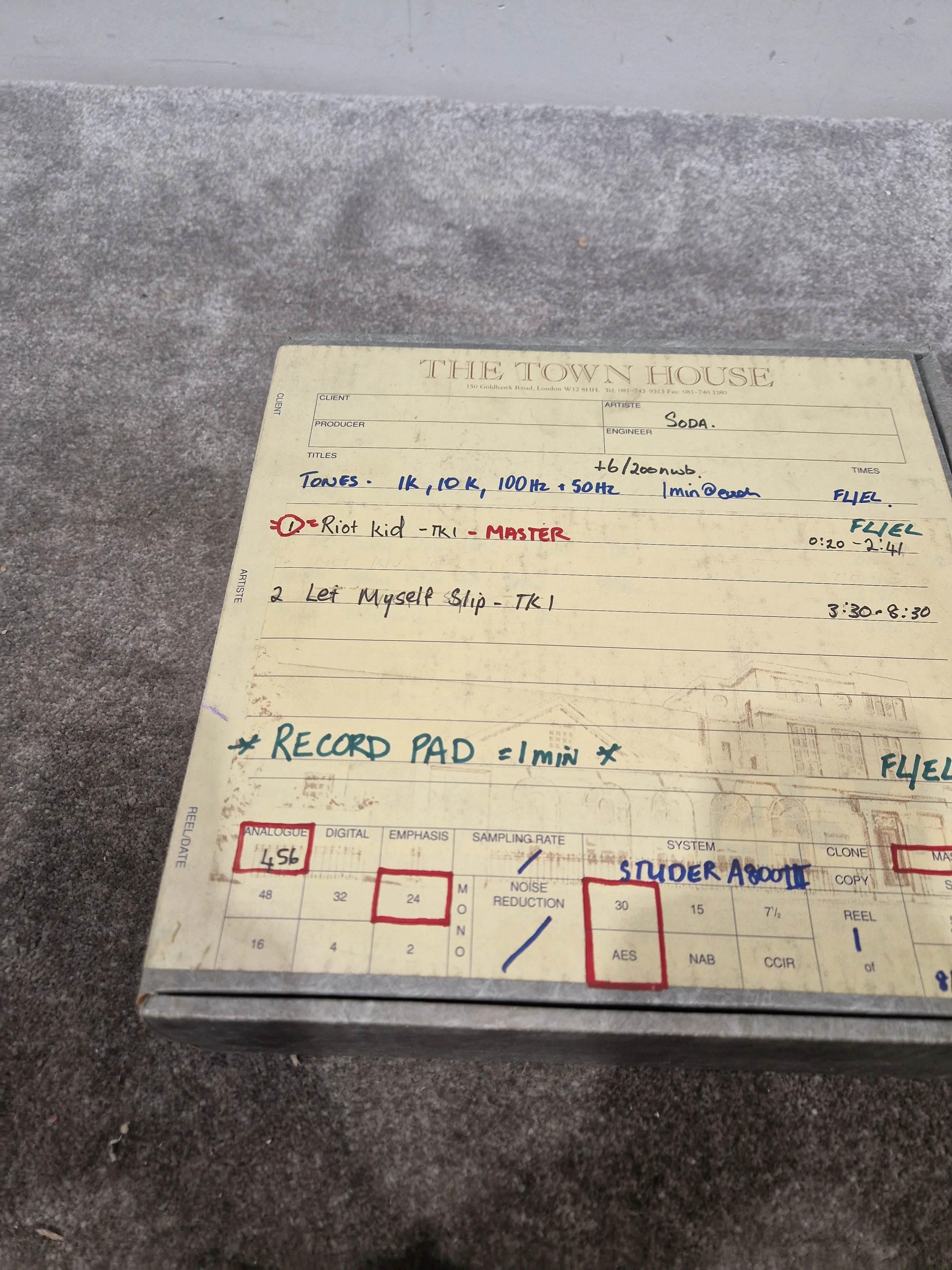 Soda – Britpop Band Collectible Town House Master Reel – Excellent w/ Studio Track Sheet & Tone Reference - Image 7