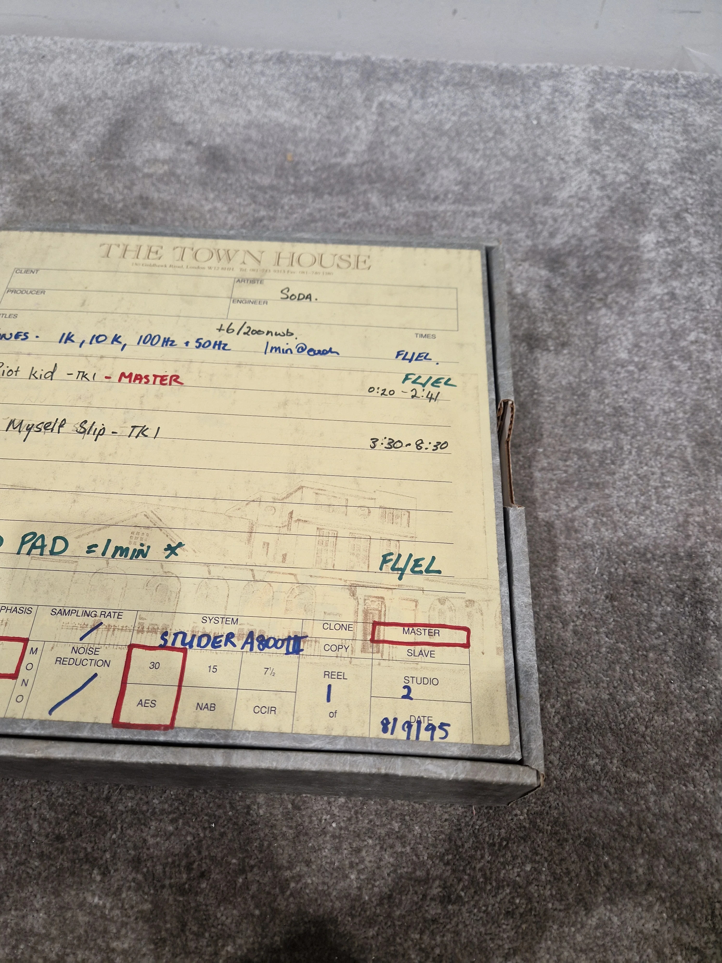 Soda – Britpop Band Collectible Town House Master Reel – Excellent w/ Studio Track Sheet & Tone Reference - Image 8