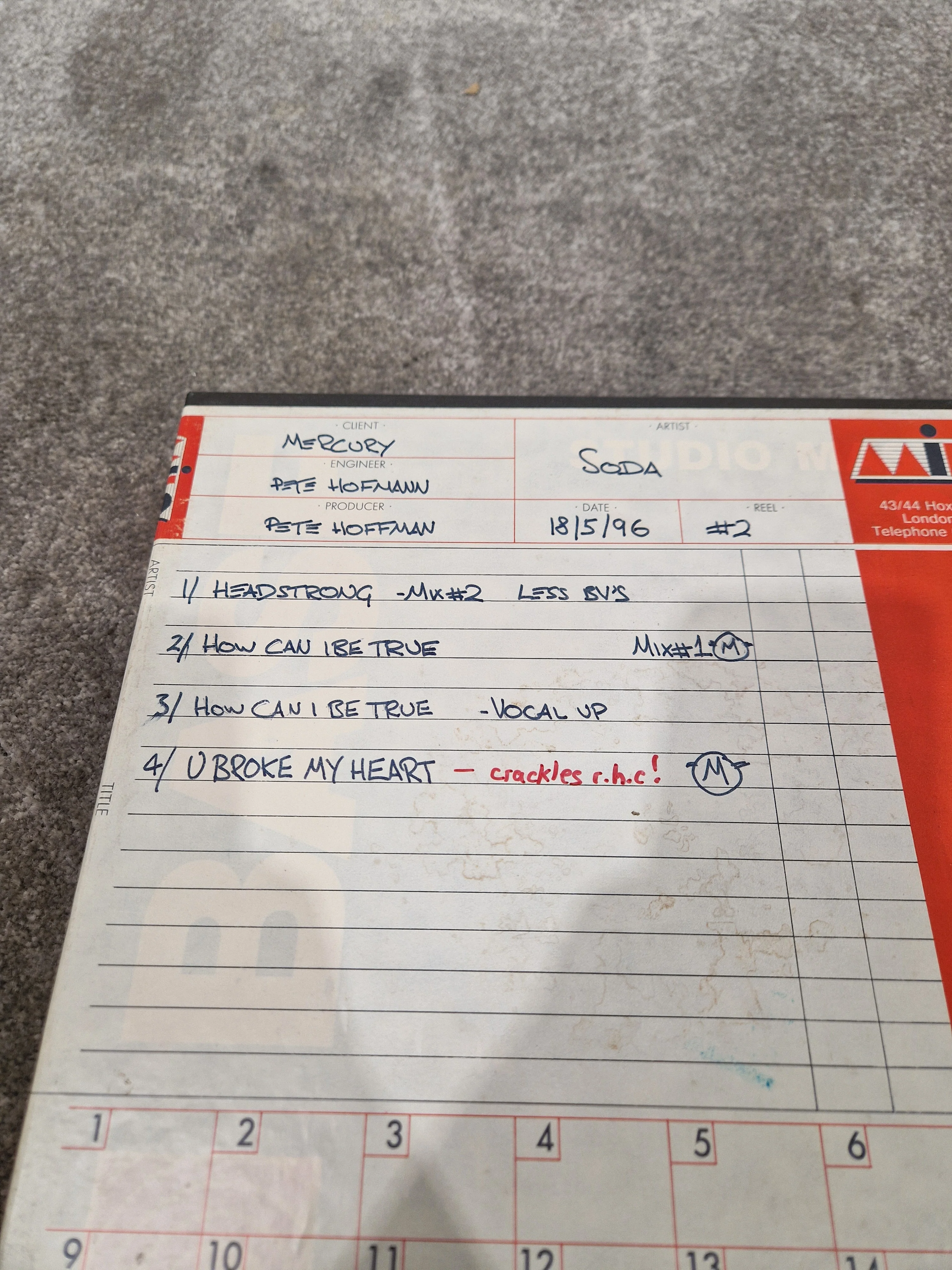 Soda – Britpop Band Collectible Milo Studio Mixes on Reel #2 – Very Good w/ Box & Engineer Notes - Image 5