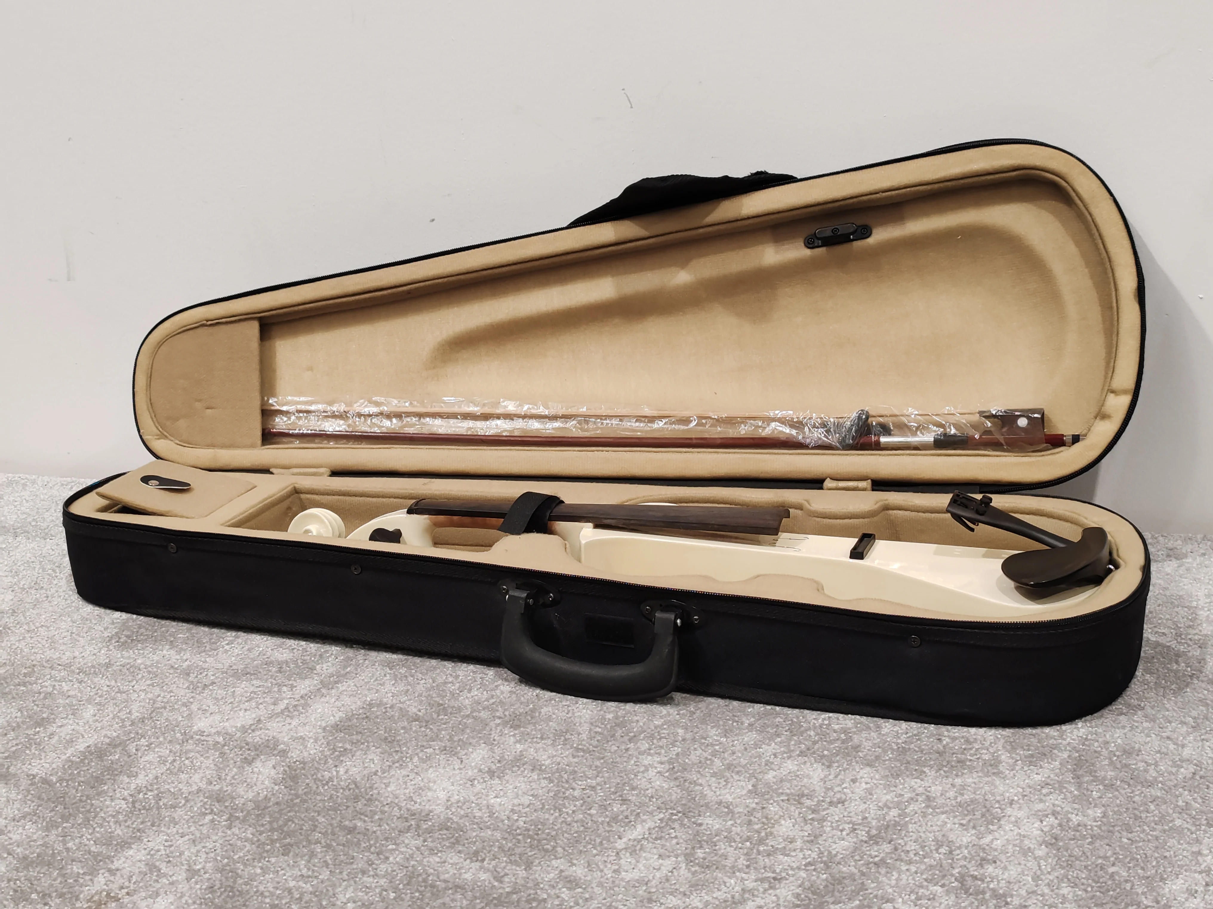 Electric Violin w/ Bow, Extra Bridges, New Strings and Hard Case with Strap - White - Image 8