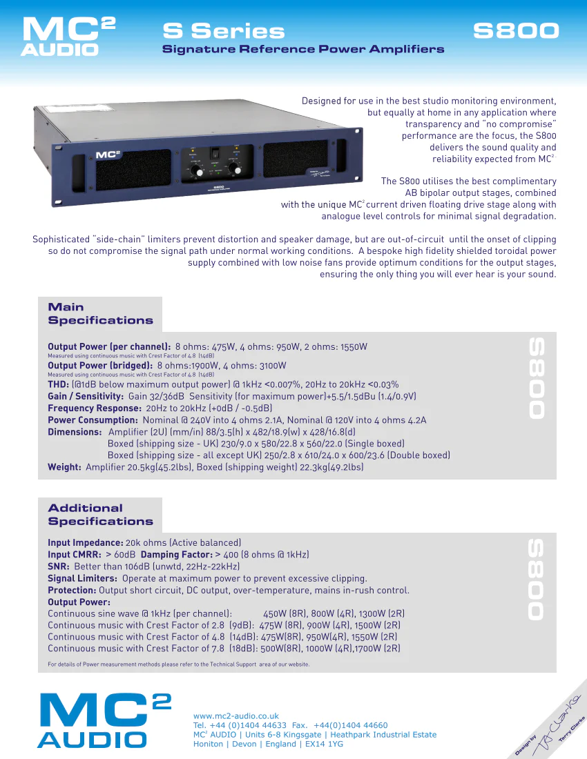 MC2 (MC Squared) S800 S-Series Premium Studio Power Amplifier - Image 2