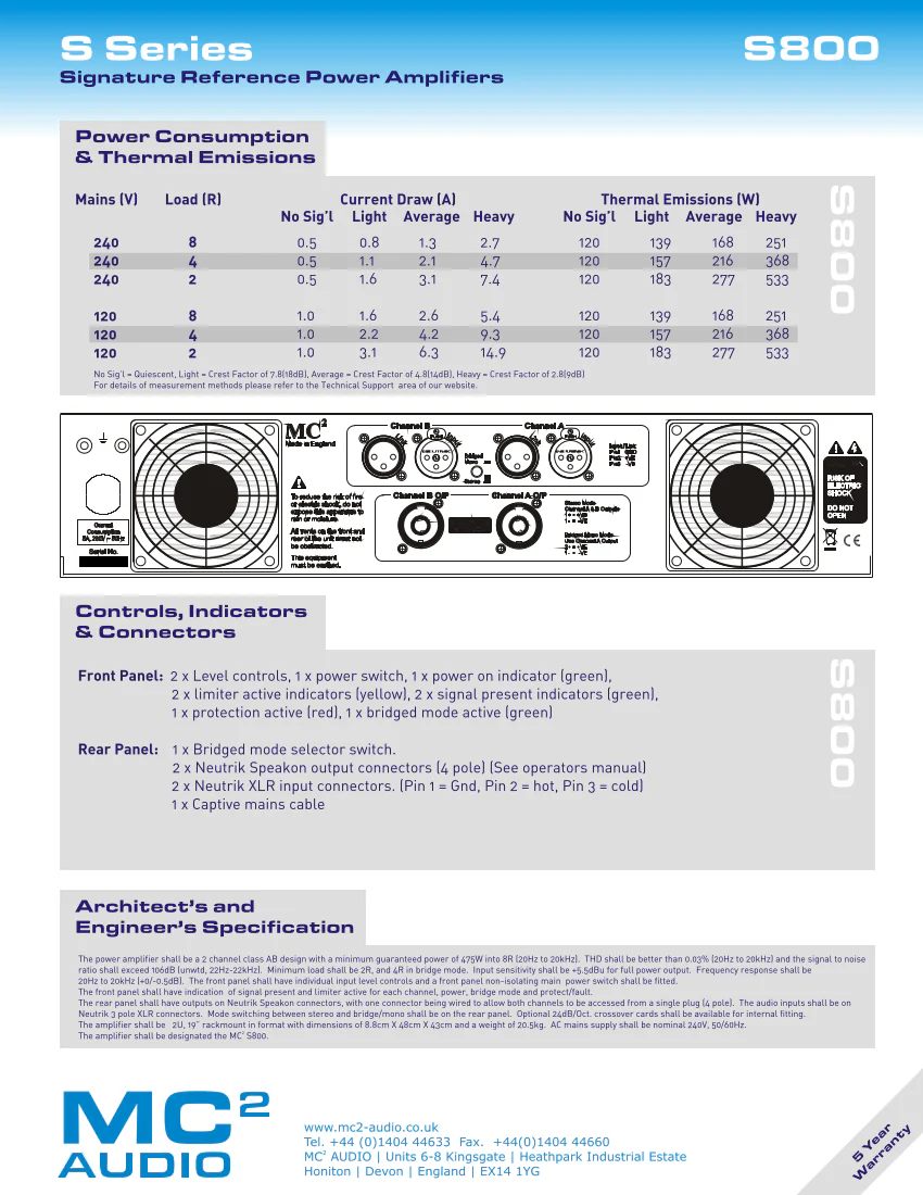 MC2 (MC Squared) S800 S-Series Premium Studio Power Amplifier - Image 3