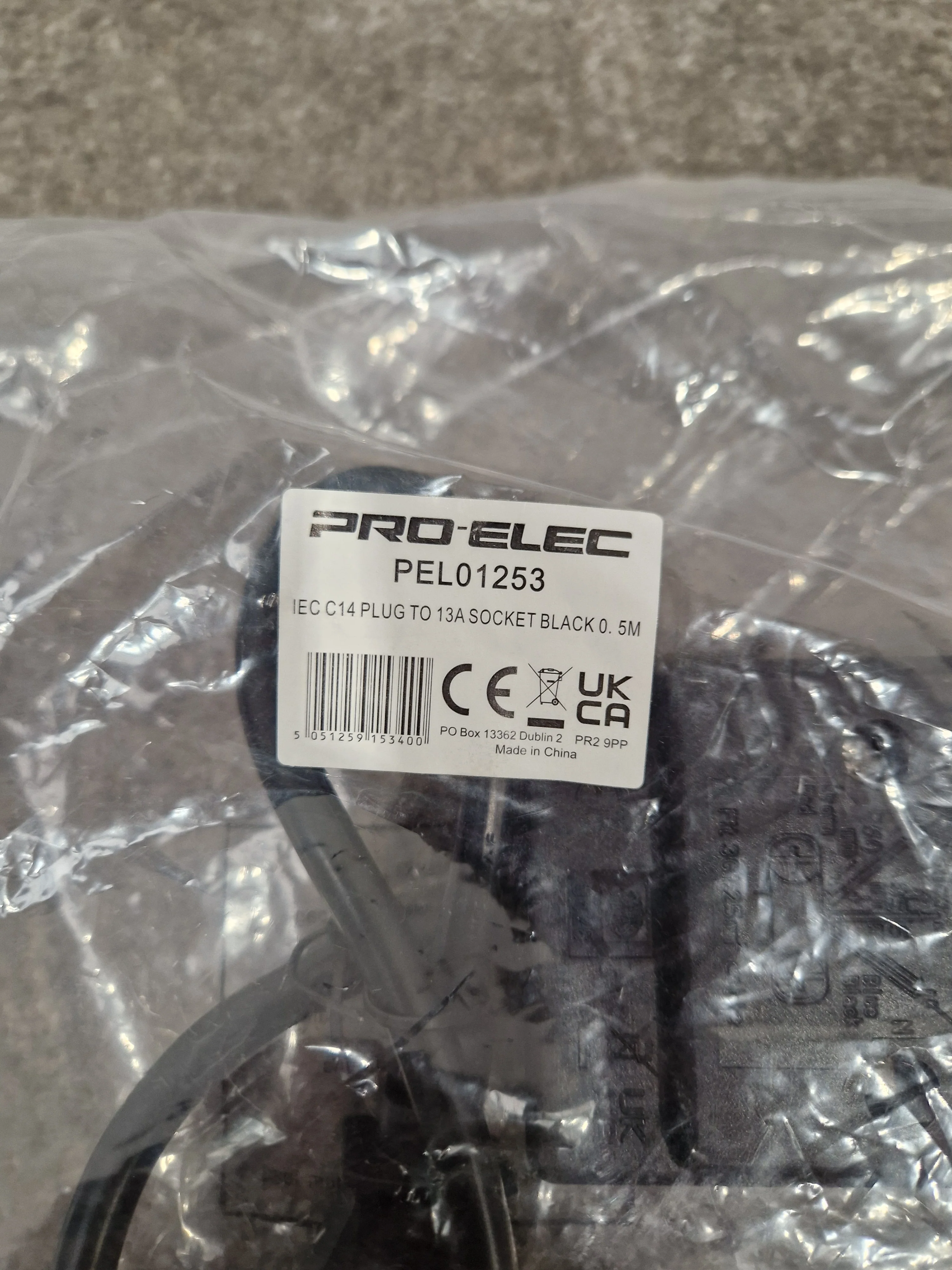 PRO-ELEC IEC C14 Plug TO 13A Socket Black 0.5m - Power Extension Cable - Excellent w/ Original Packaging - Image 3