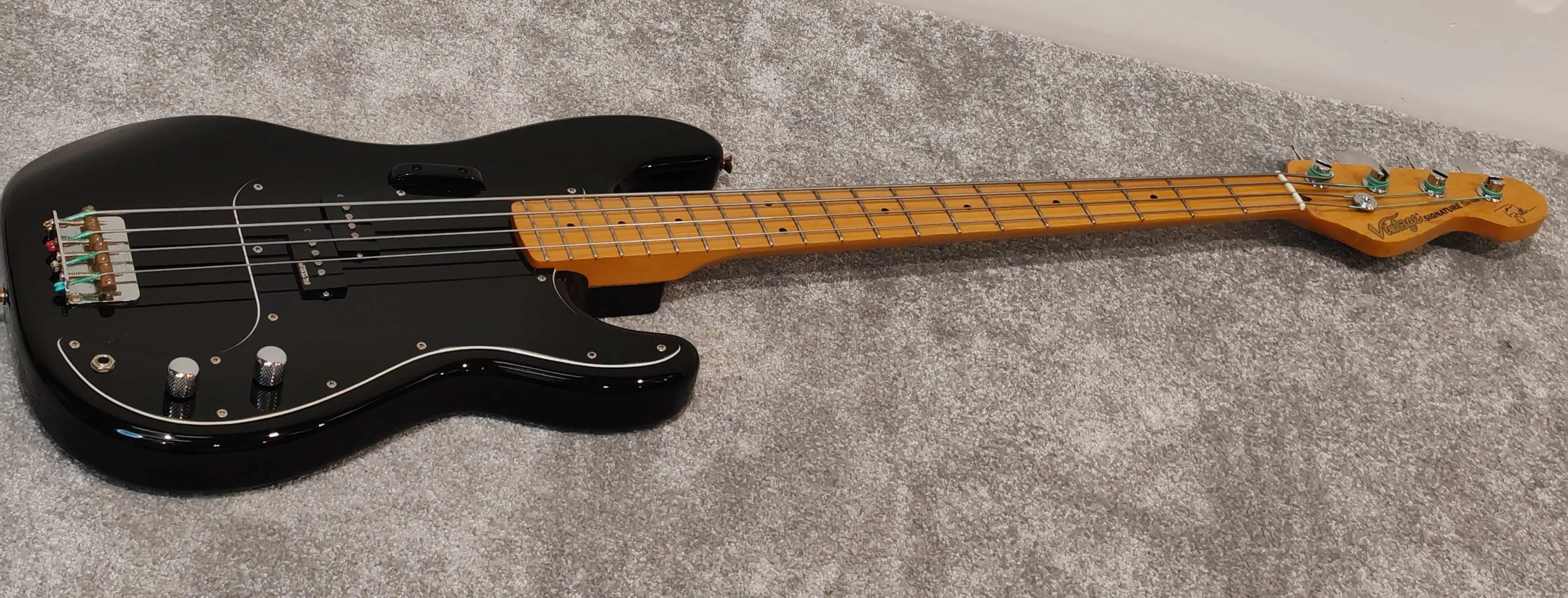 Vintage Tony Butler Signature V4 Bass Guitar, Black With Silverlining Hard Case - Image 2
